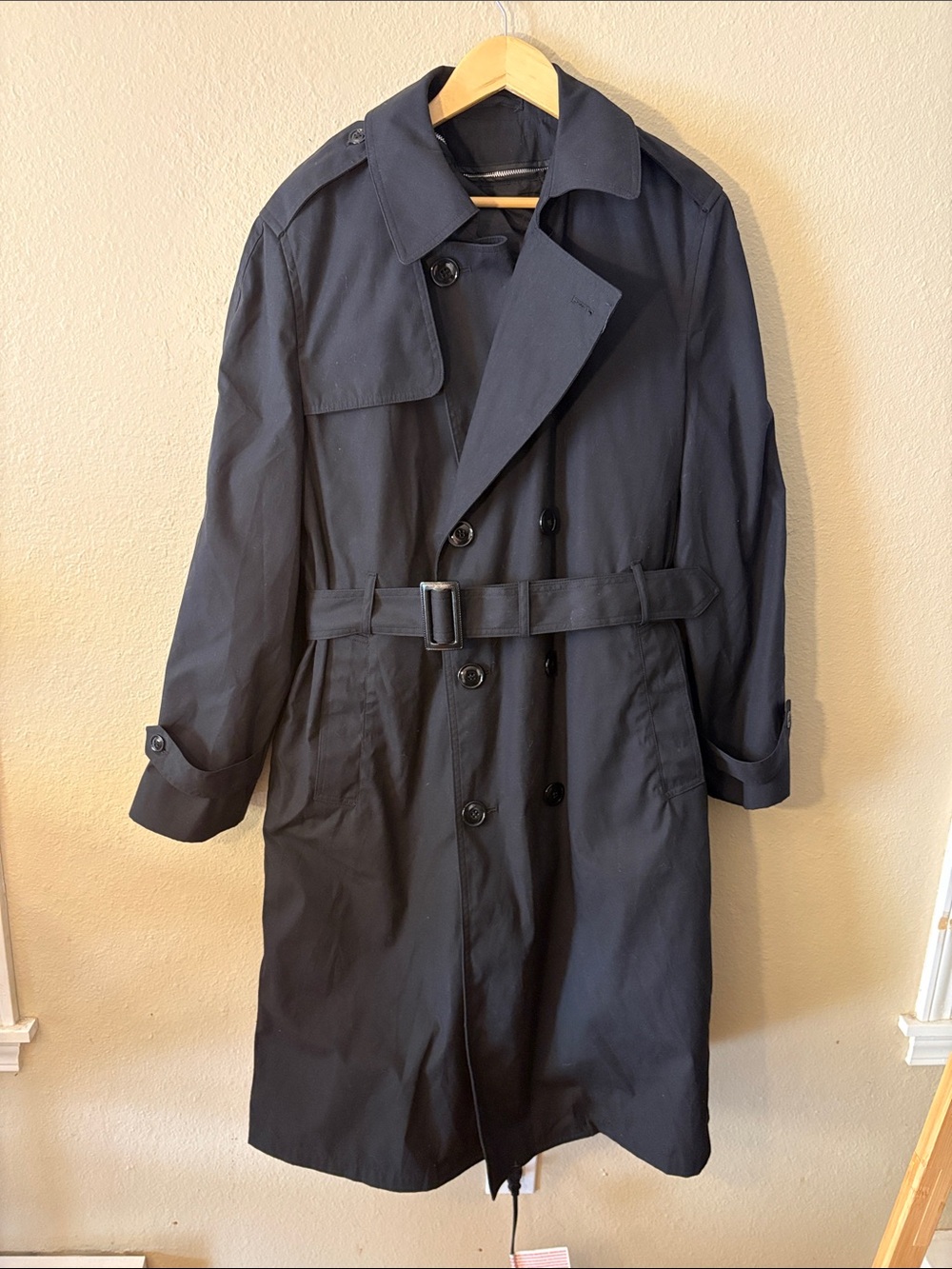 DSCP Military Trench Coat Black 40R Men's Vintage Double Breasted Rain Jacket